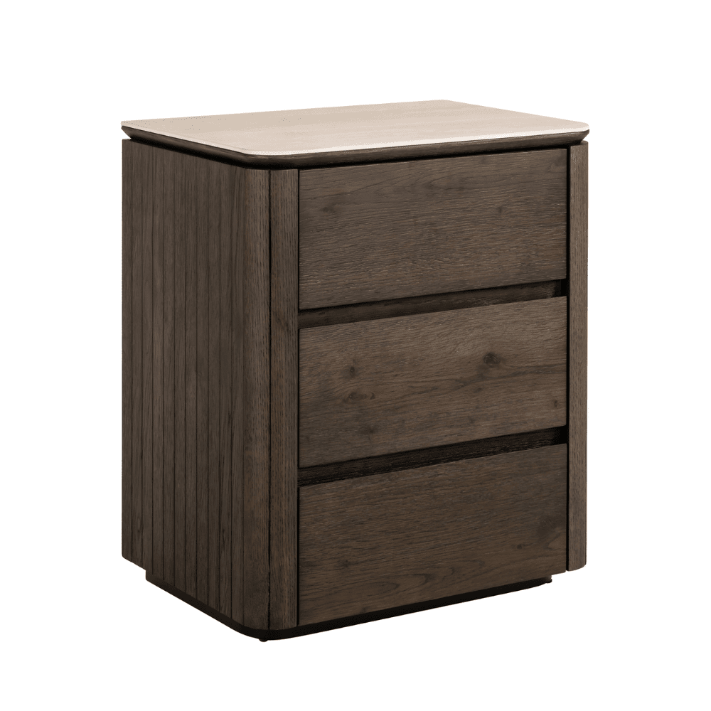 Verity Dark Brown 3 Drawer Bedside Table with Travertine Top