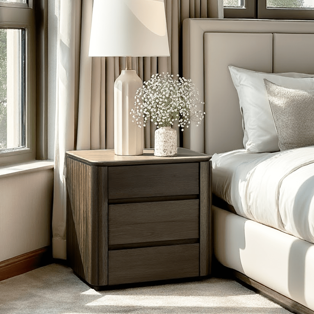 Verity Dark Brown 3 Drawer Bedside Table with Travertine Top