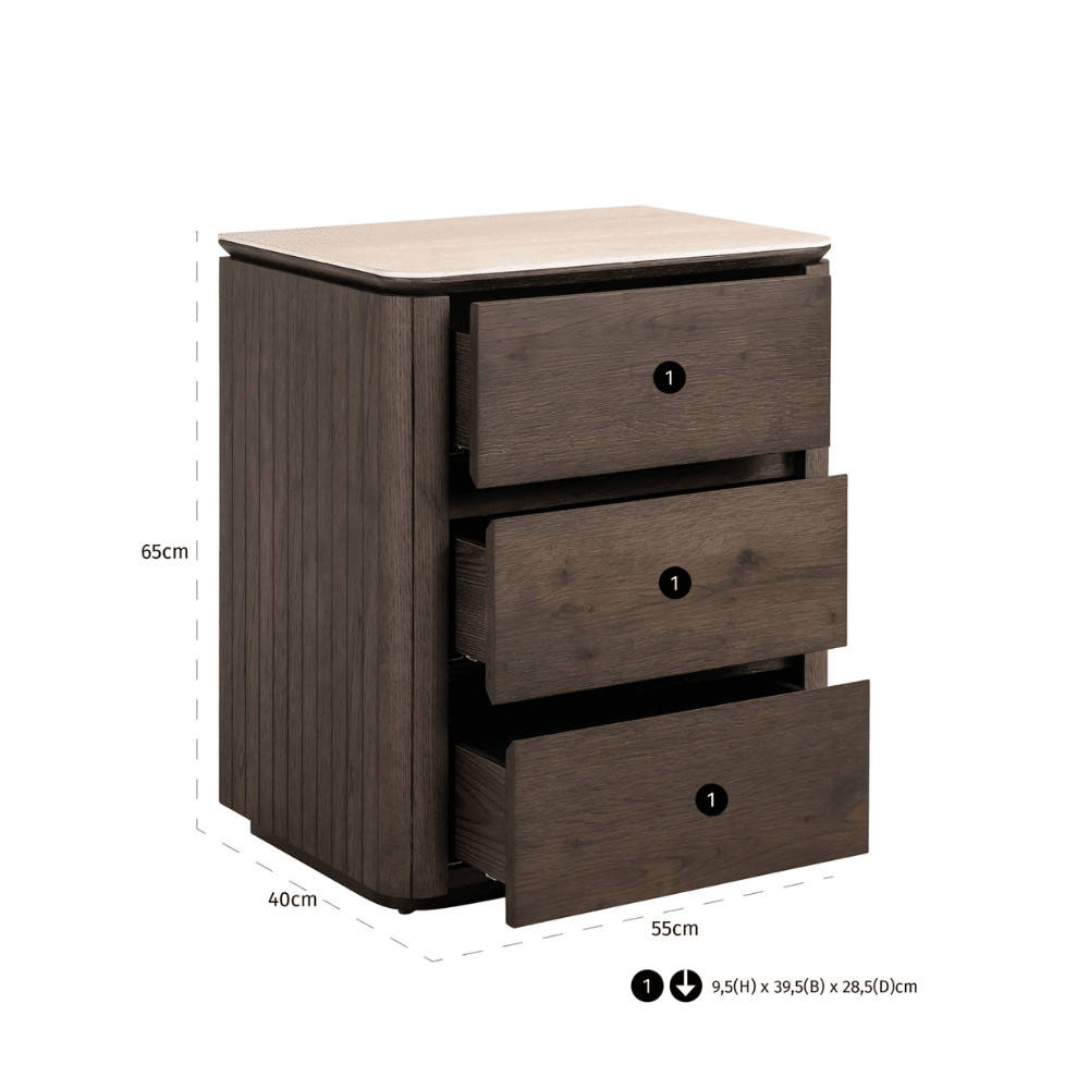 Verity Dark Brown 3 Drawer Bedside Table with Travertine Top