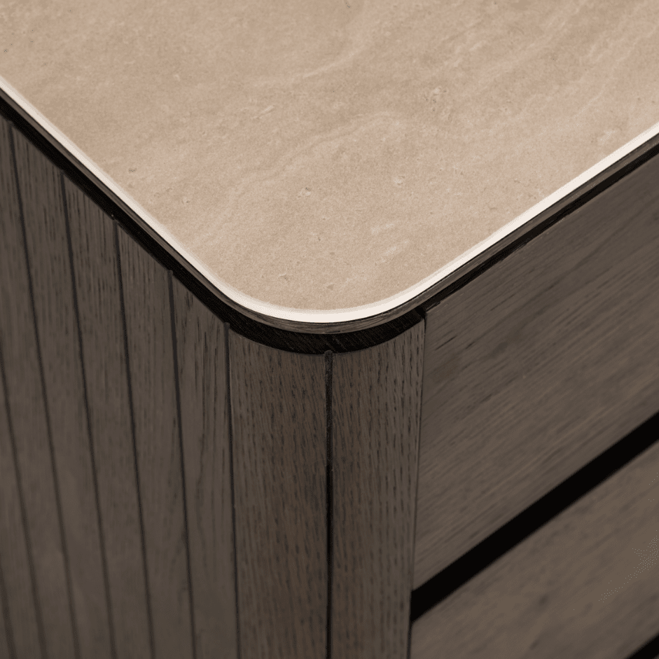 Verity Dark Brown 3 Drawer Bedside Table with Travertine Top
