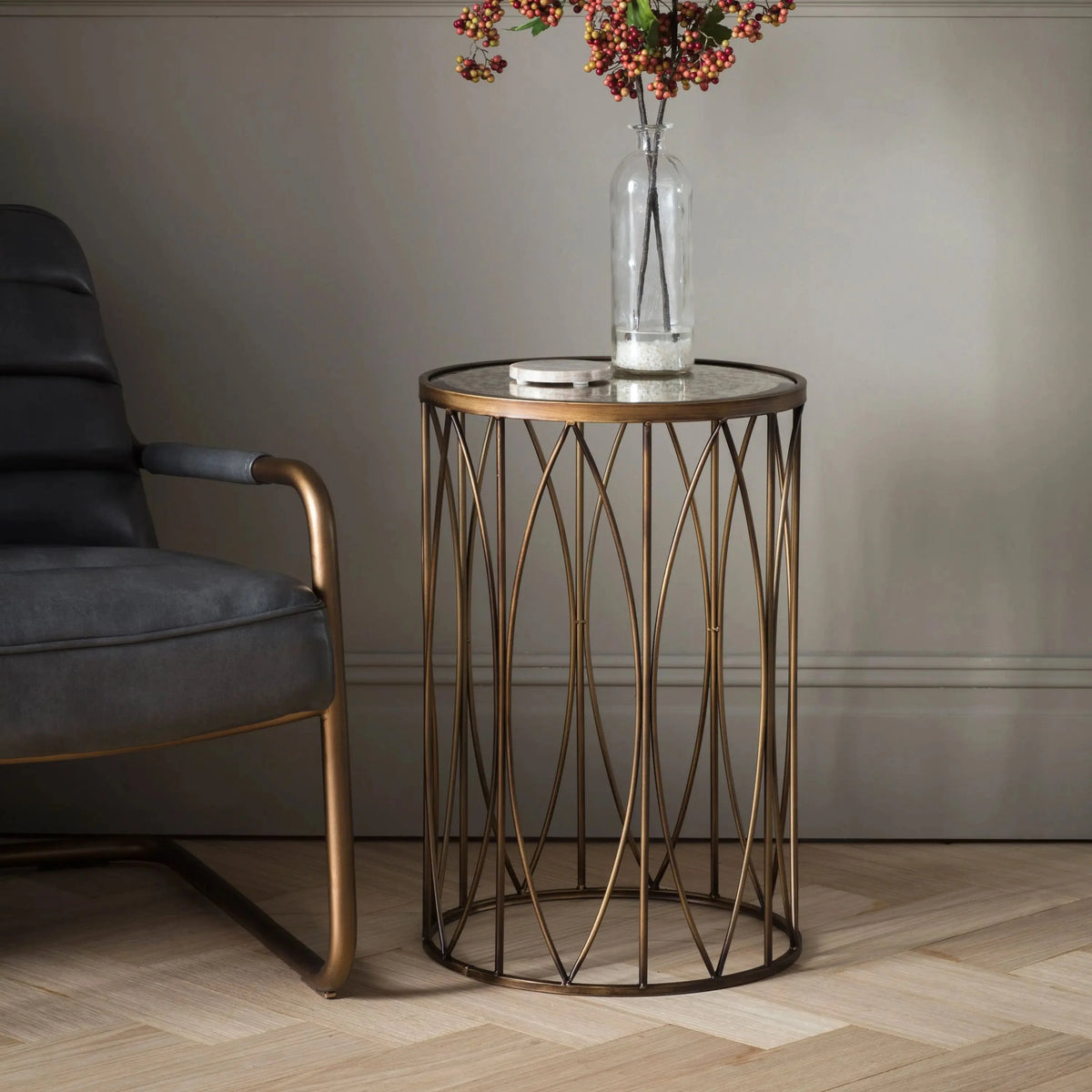 Zariah Gold Metal Side Table with Antique Glass Top
